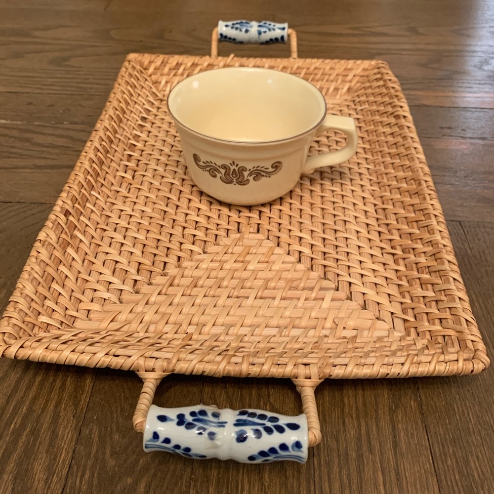 Vintage Wicker Tray  Blue & White Ceramic Handles